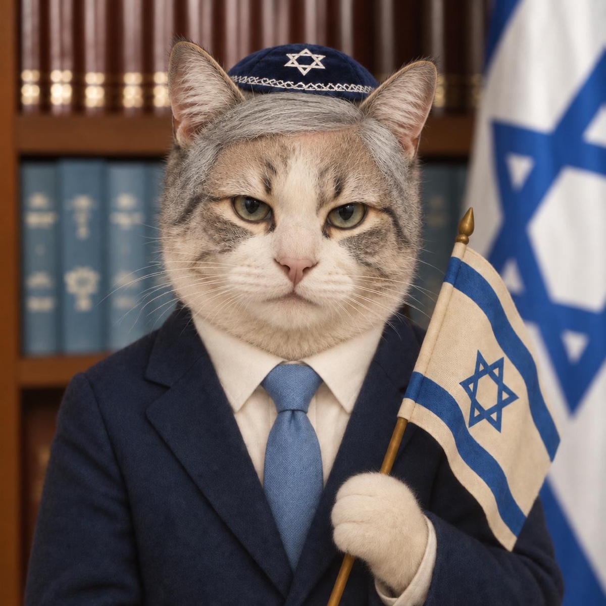 Cetanyahu — a grey cat in a kippah and navy suit holding an Israeli flag